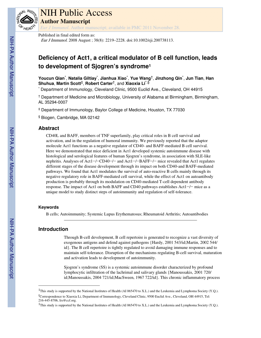 Pdf Deficiency Of Act1 A Critical Modulator Of B Cell Function Leads To Development Of Sjogren S Syndrome