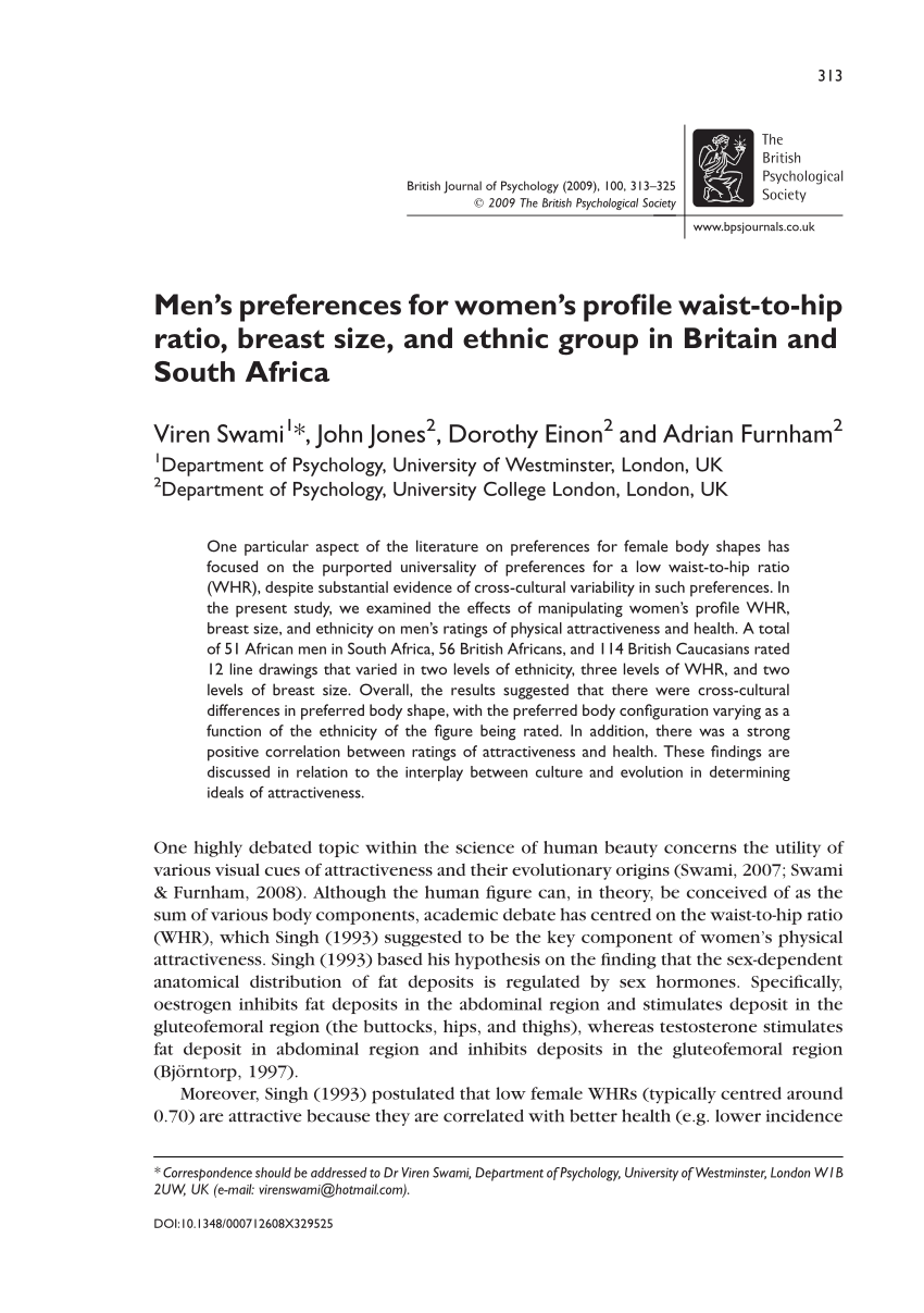 PDF) Men's preferences for women's profile waist-to-hip ratio, breast size,  and ethnic group in Britain and South Africa