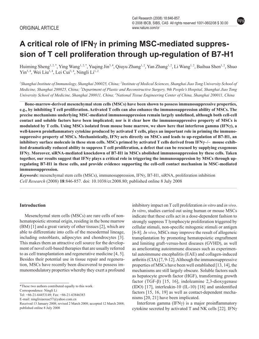 Pdf A Critical Role Of Ifngamma In Priming Msc Mediated Suppression Of T Cell Proliferation Through Up Regulation Of H1