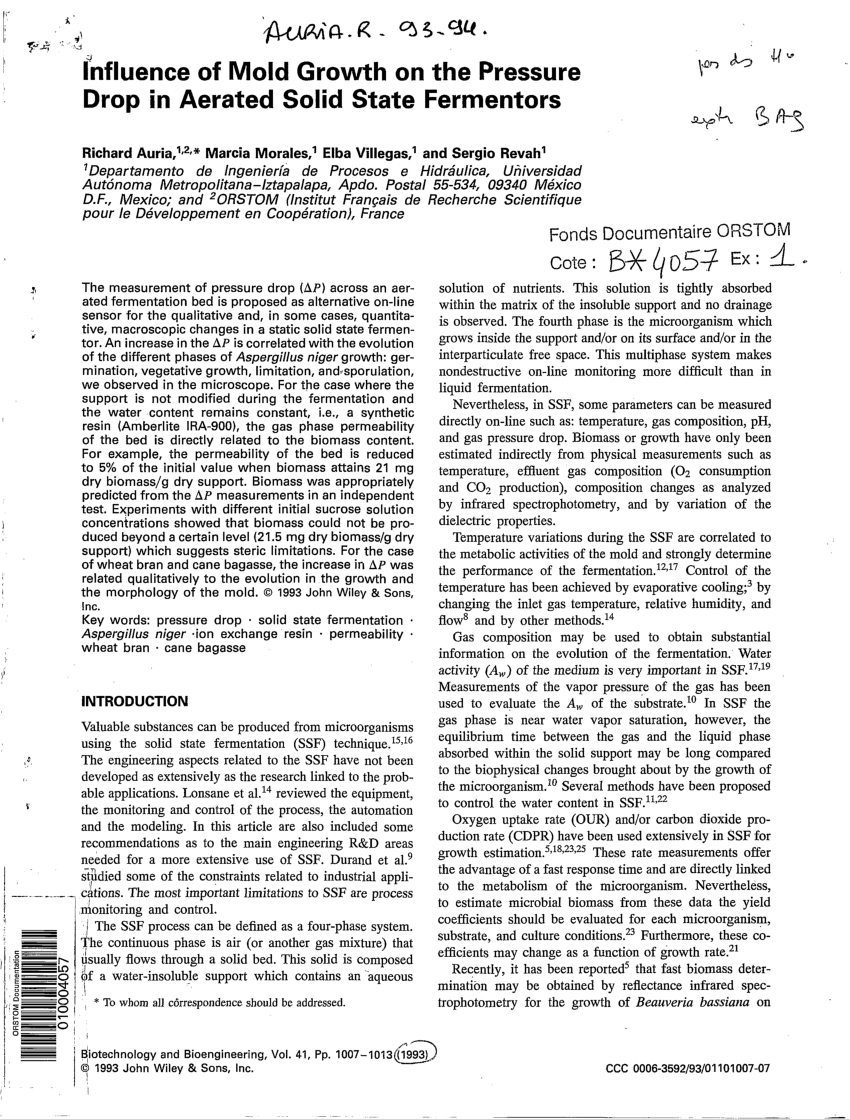 Pdf Influence Of Mold Growth On The Pressure Drop In Aerated Solid State Fermentors