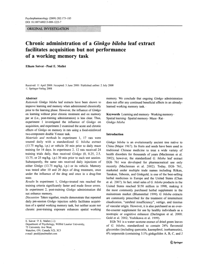 Pdf Chronic Administration Of A Ginkgo Biloba Leaf Extract Facilitates Acquisition But Not Performance Of A Working Memory Task
