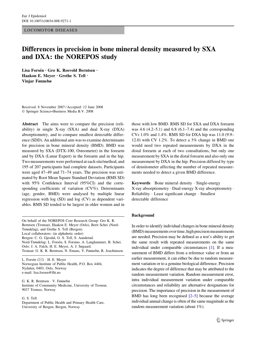 Pdf Differences In Precision In Bone Mineral Density Measured By Sxa And Dxa The Norepos Study