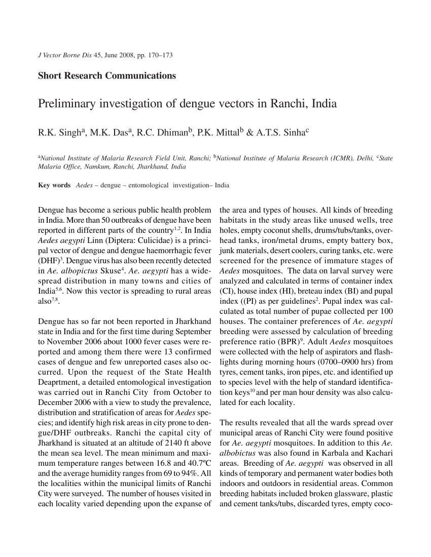 Pdf Preliminary Investigation Of Dengue Vectors In Ranchi India