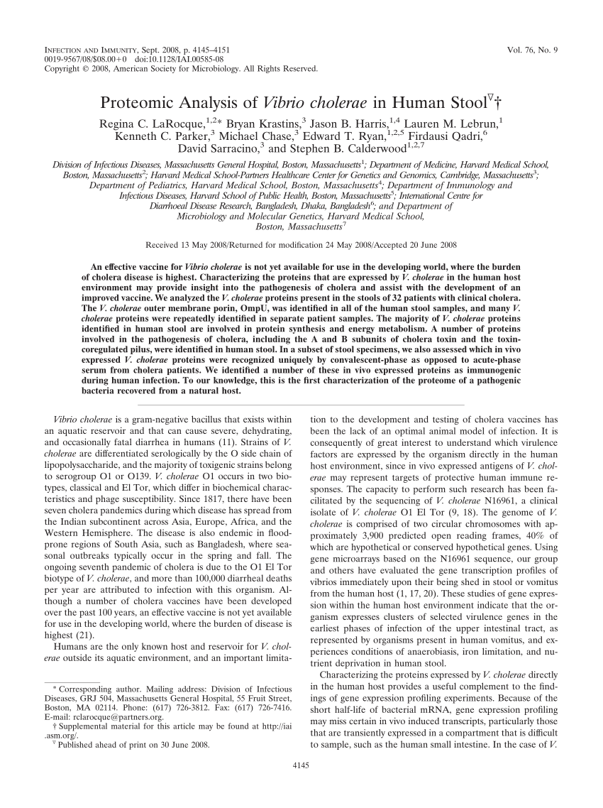 (PDF) Proteomic Analysis of Vibrio cholerae in Human Stool
