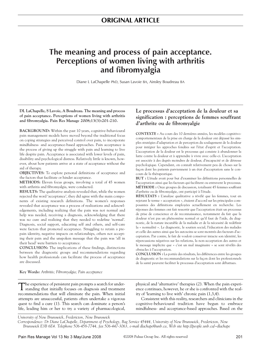 Pdf The Meaning And Process Of Pain Acceptance Perceptions Of Women Living With Arthritis And Fibromyalgia