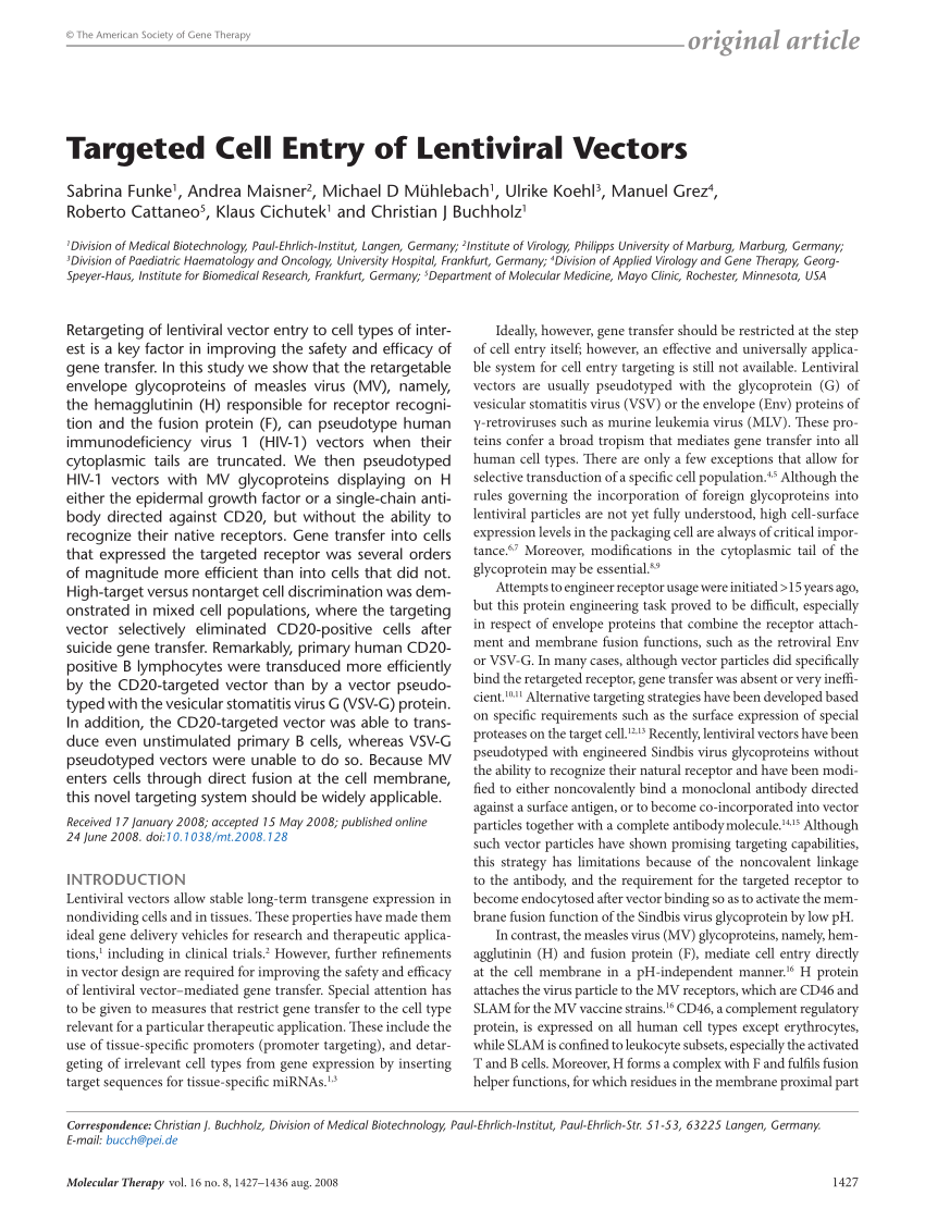 Pdf Targeted Cell Entry Of Lentiviral Vectors