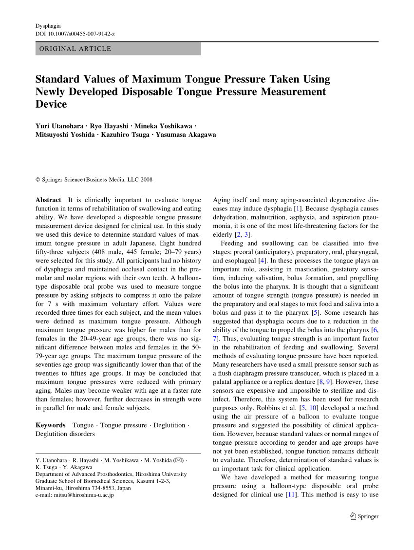 (PDF) Standard Values of Maximum Tongue Pressure Taken Using Newly ...