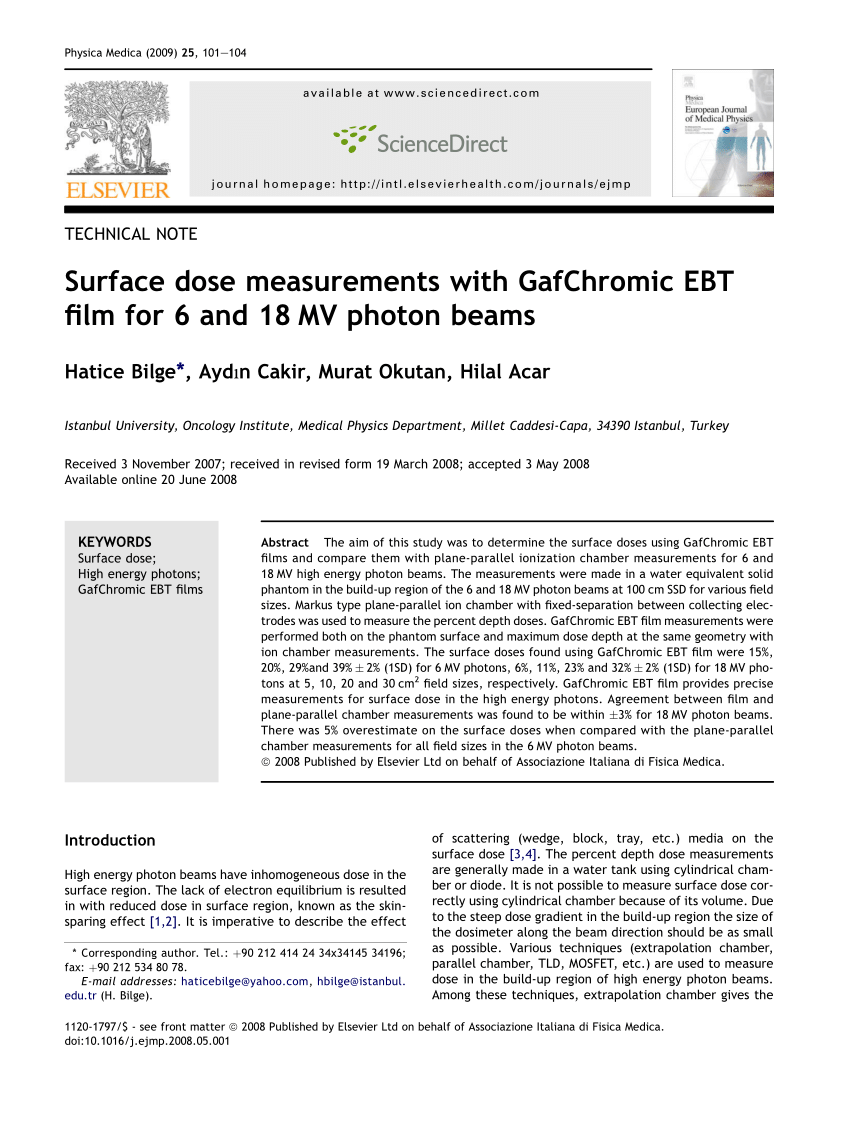 Pdf Surface Dose Measurements With Gafchromic Ebt Film For 6 And 18 Mv Photon Beams