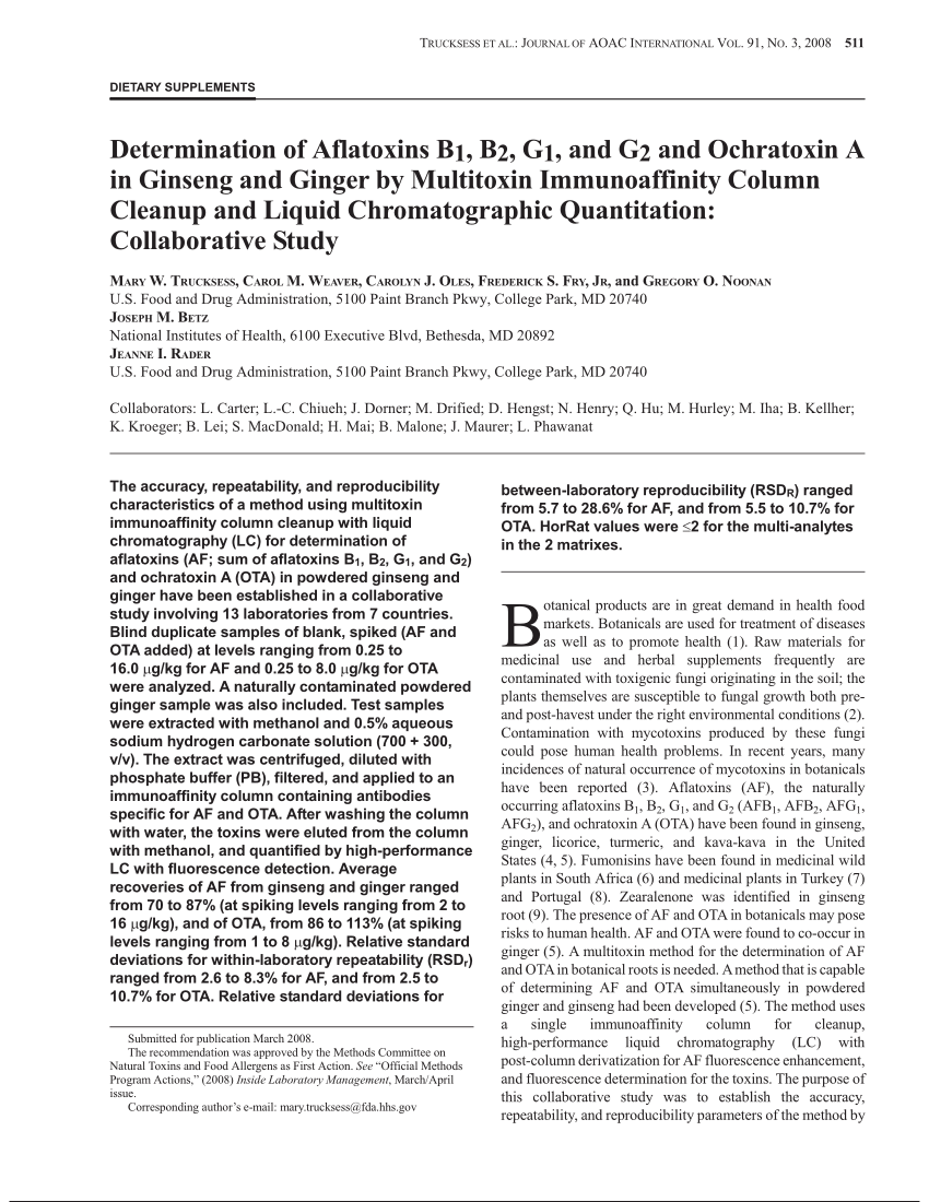 Pdf Determination Of Aflatoxins B1 B2 G1 And G2 And Ochratoxin A In Ginseng And Ginger By Multitoxin Immunoaffinity Column Cleanup And Liquid Chromatographic Quantitation Collaborative Study