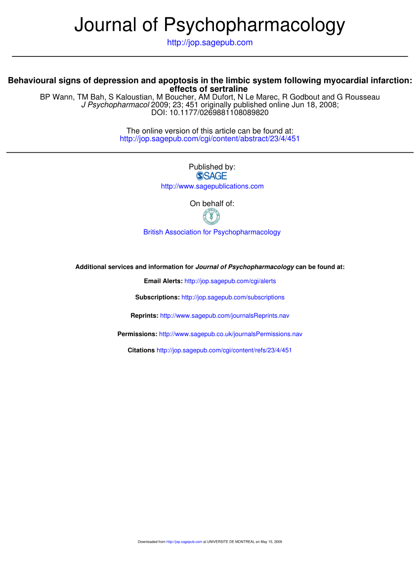 PDF) Behavioural signs of depression and apoptosis in the limbic system  following myocardial infarction: Effects of sertraline