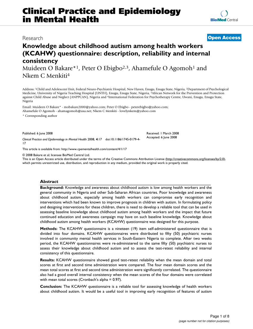 Pdf Knowledge About Childhood Autism Among Health Workers Kcahw Questionnaire Description Reliability And Internal Consistency