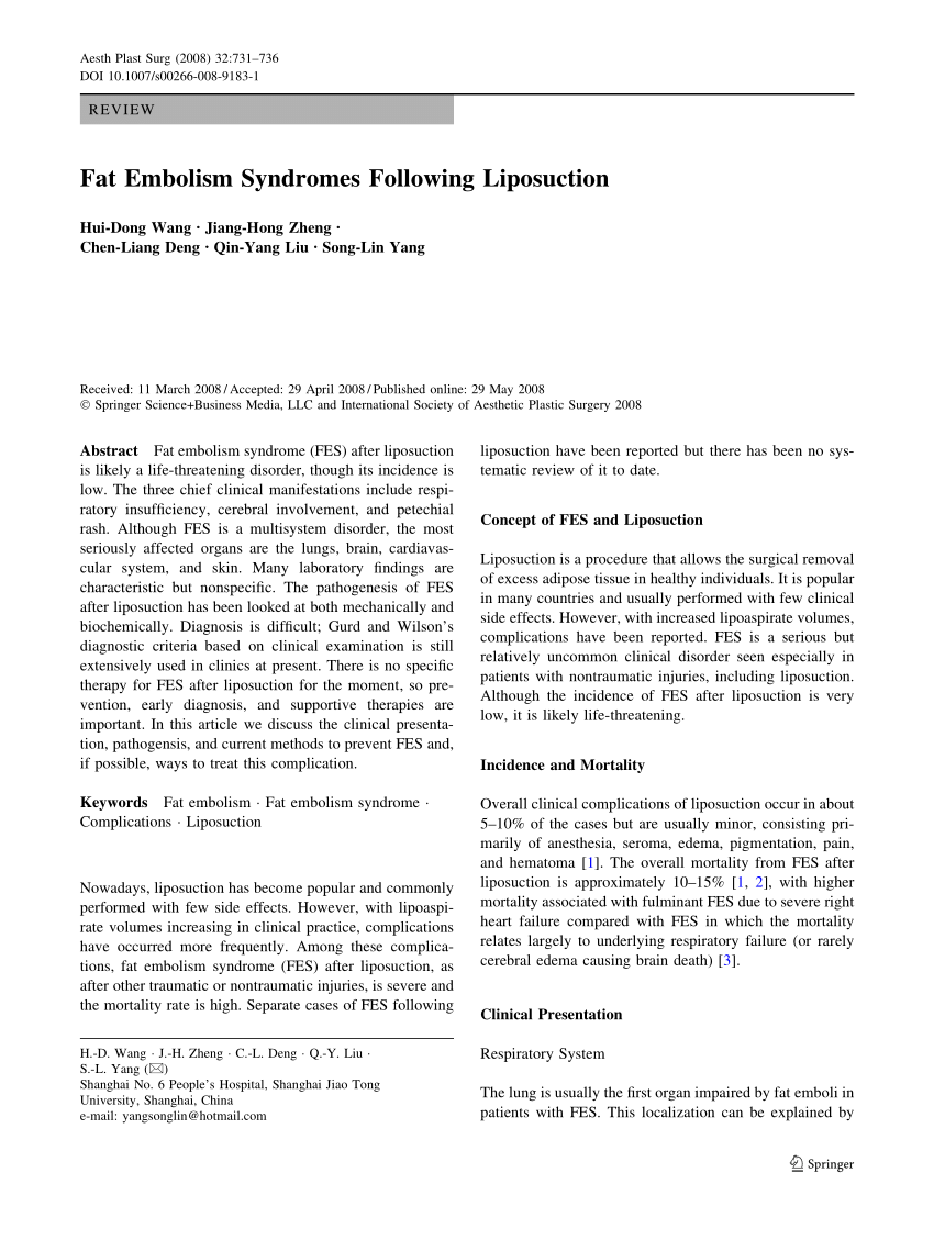 Pdf Fat Embolism Syndromes Following Liposuction 