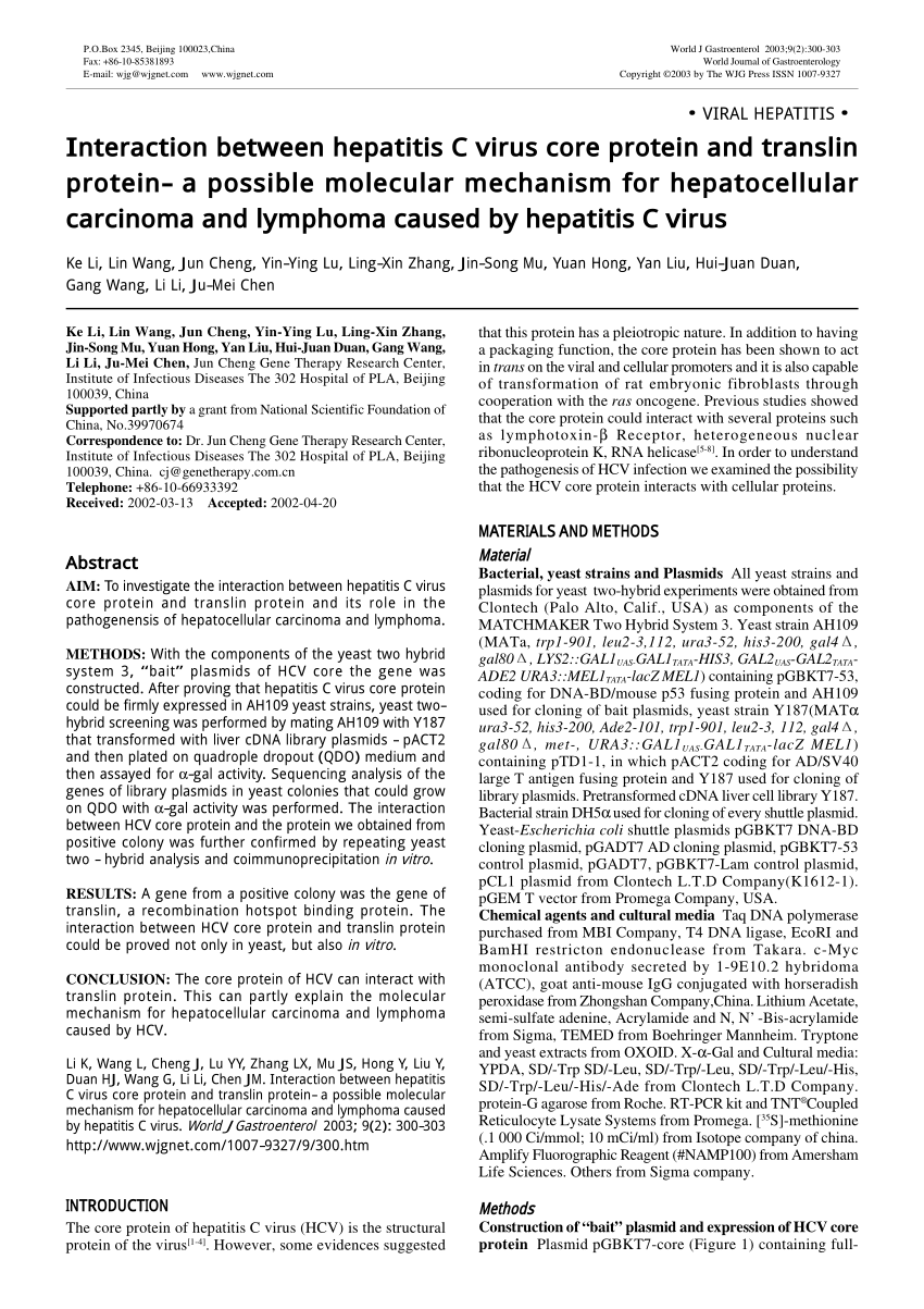 Pdf Interaction Between Hepatitis C Virus Core Protein And Translin Protein A Possible Molecular Mechanism For Hepatocellular Carcinoma And Lymphoma Caused By Hepatitis C Virus