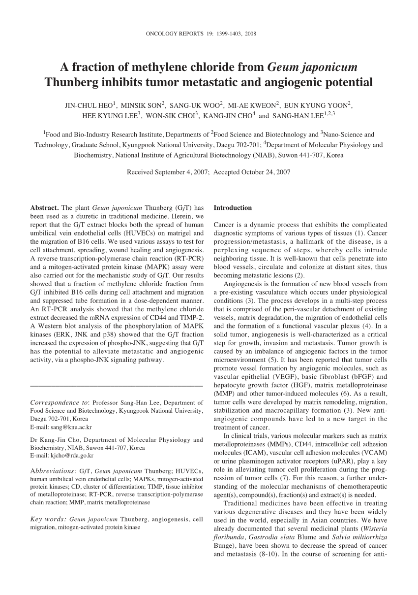 Pdf A Fraction Of Methylene Chloride From Geum Japonicum Thunberg Inhibits Tumor Metastatic And Angiogenic Potential