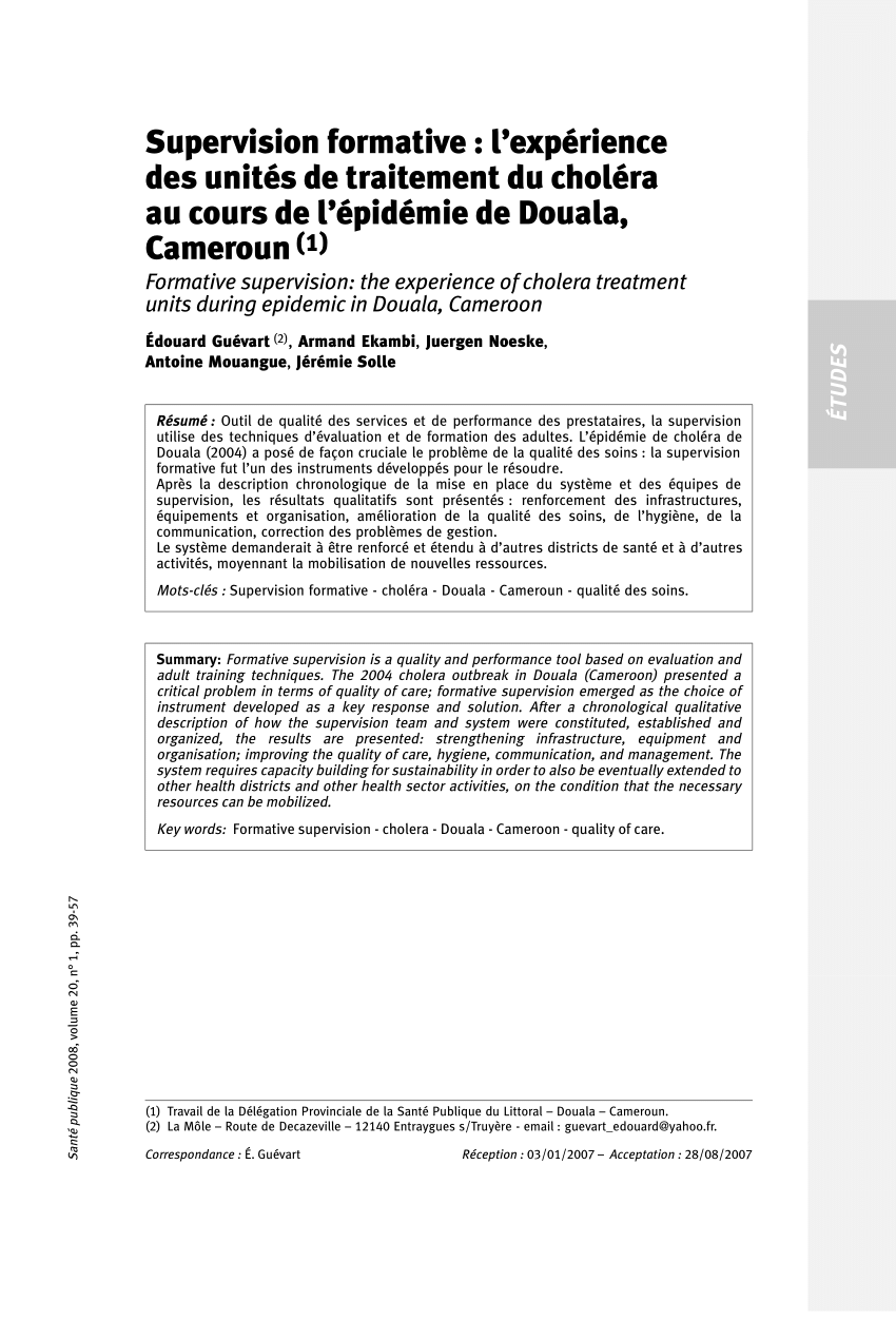 Pdf Formative Supervision The Experience Of Cholera Treatment Units During Epidemic In Douala Cameroon