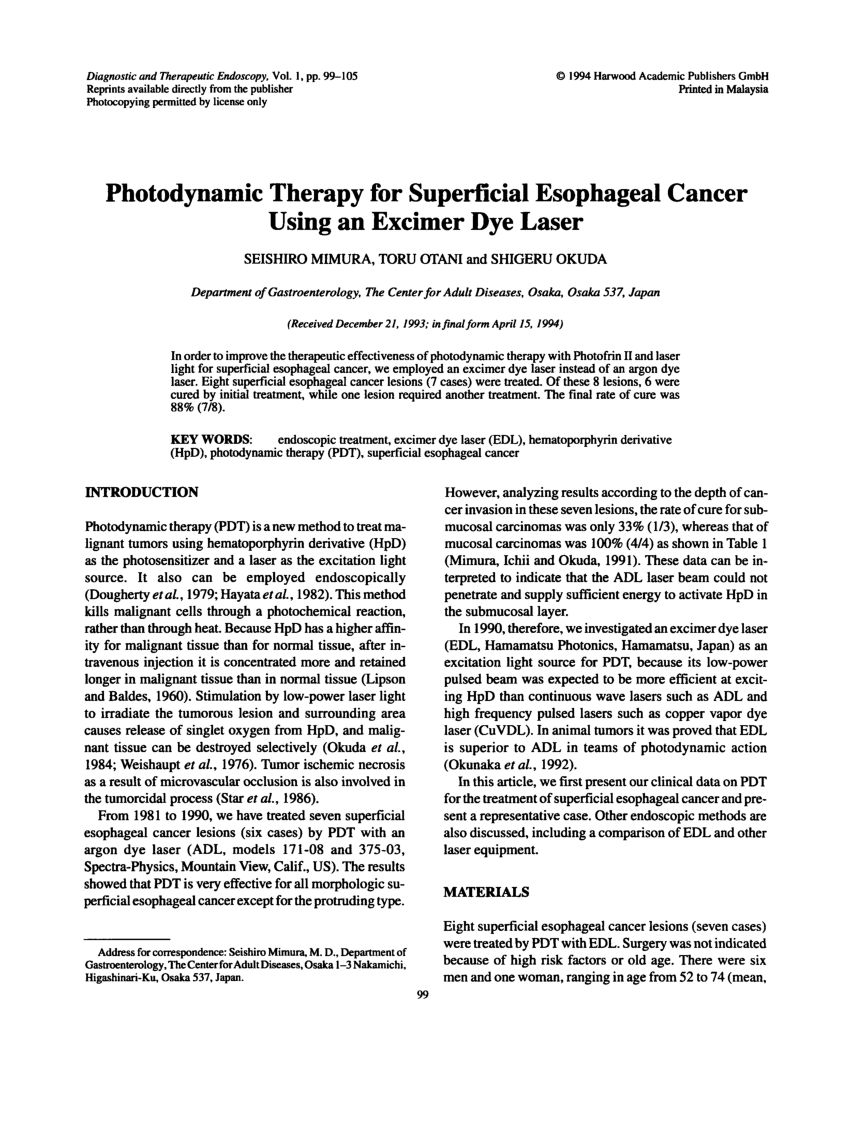 (PDF) Photodynamic Therapy for Superficial Esophageal Cancer Using an