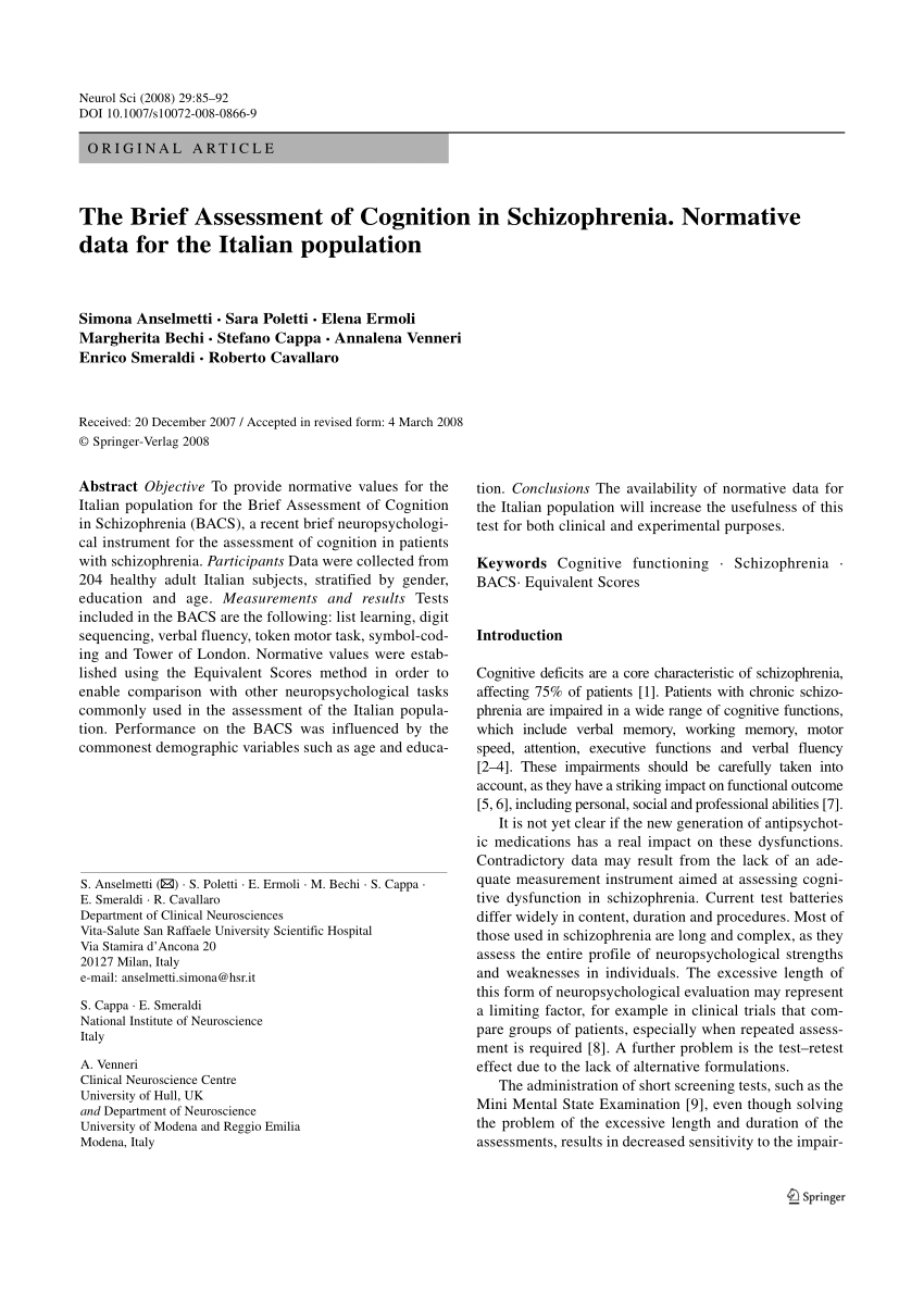 (PDF) The Brief Assessment of Cognition in Schizophrenia. Normative