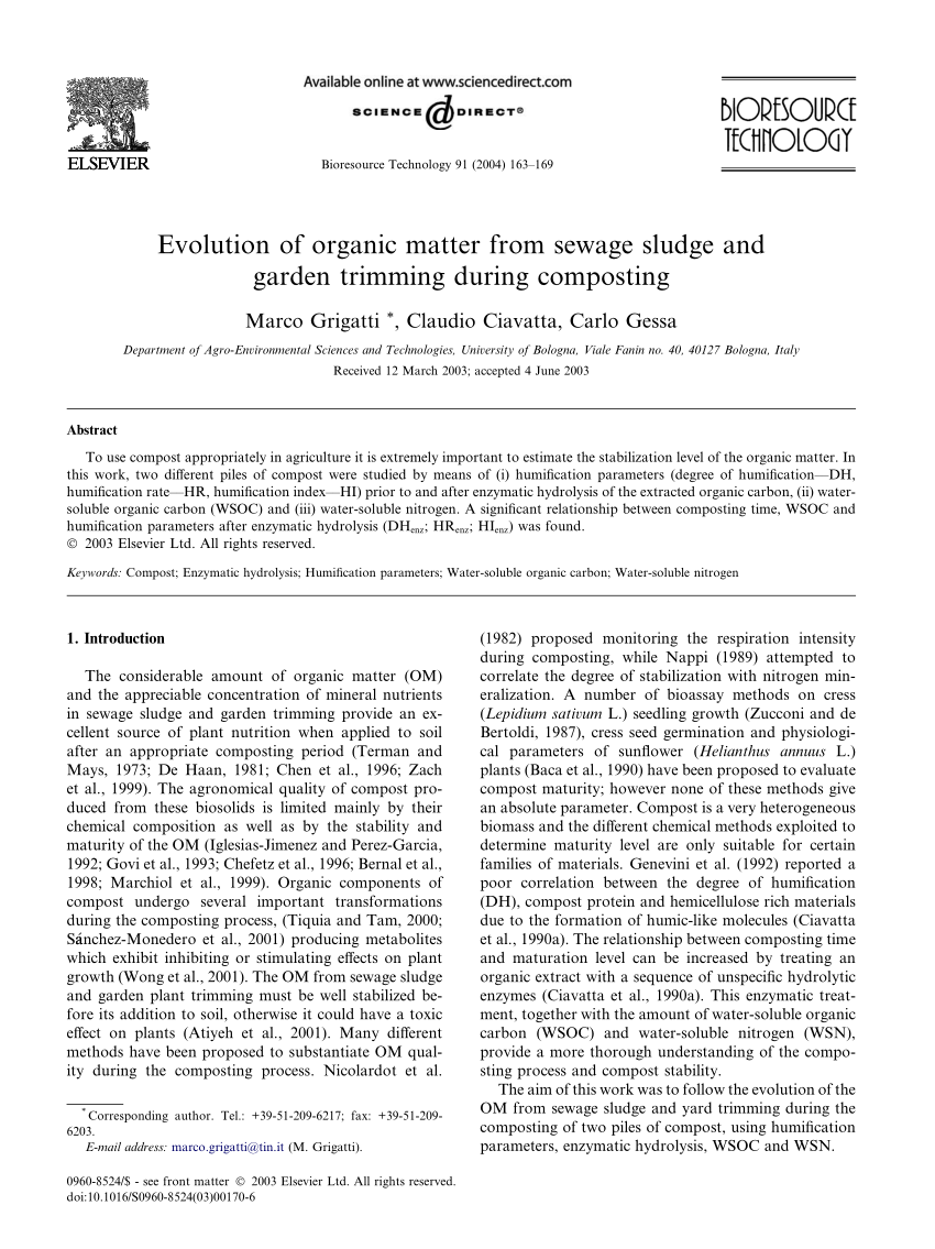 Pdf Evolution Of Organic Matter From Sewage Sludge And Garden Trimming During Composting