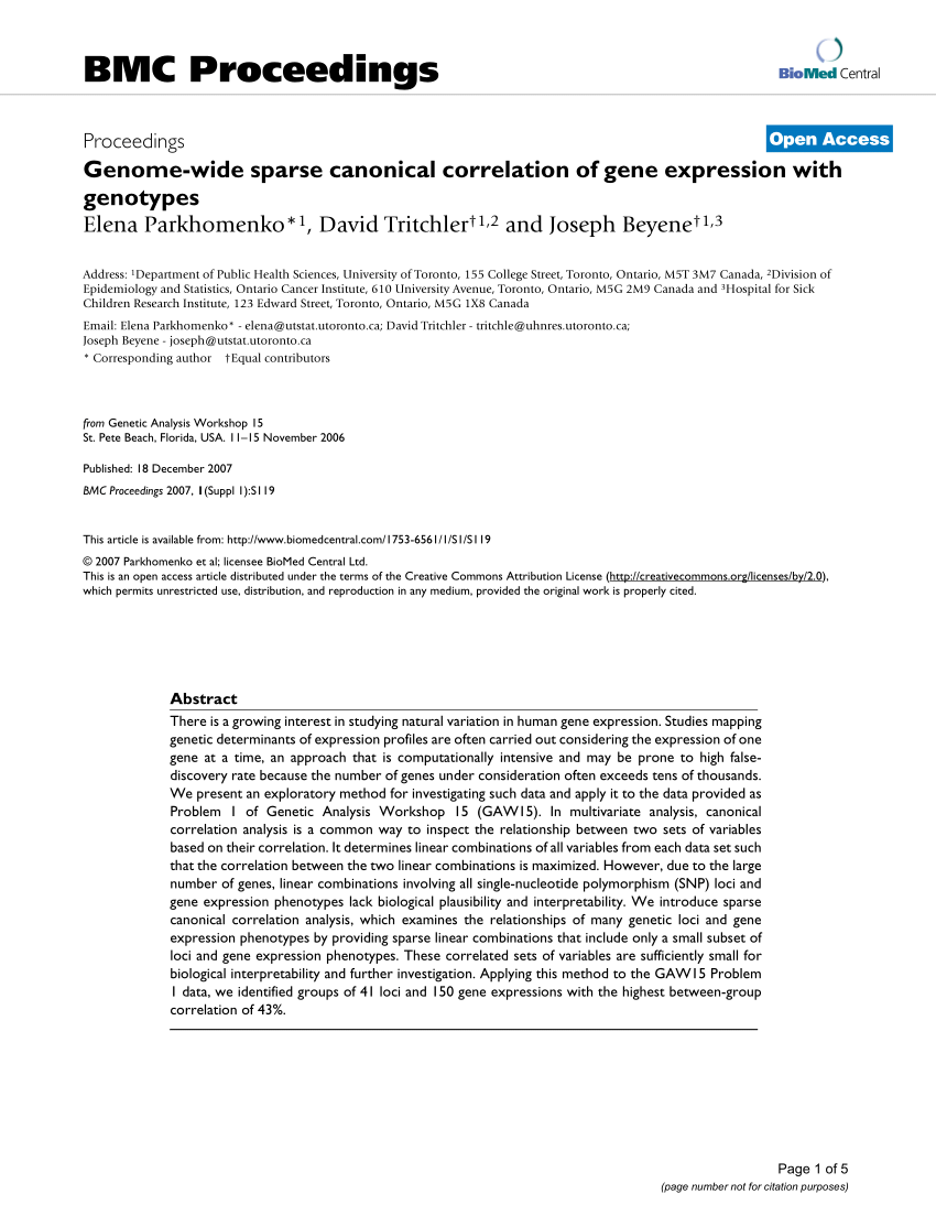 PDF Genome wide sparse canonical correlation of gene expression  