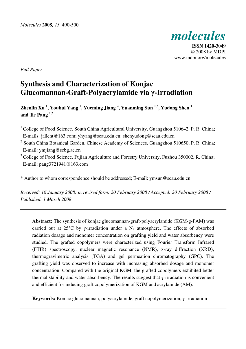 Pdf Synthesis And Characterization Of Konjac Glucomannan Graft Polyacrylamide Via G Irradiation