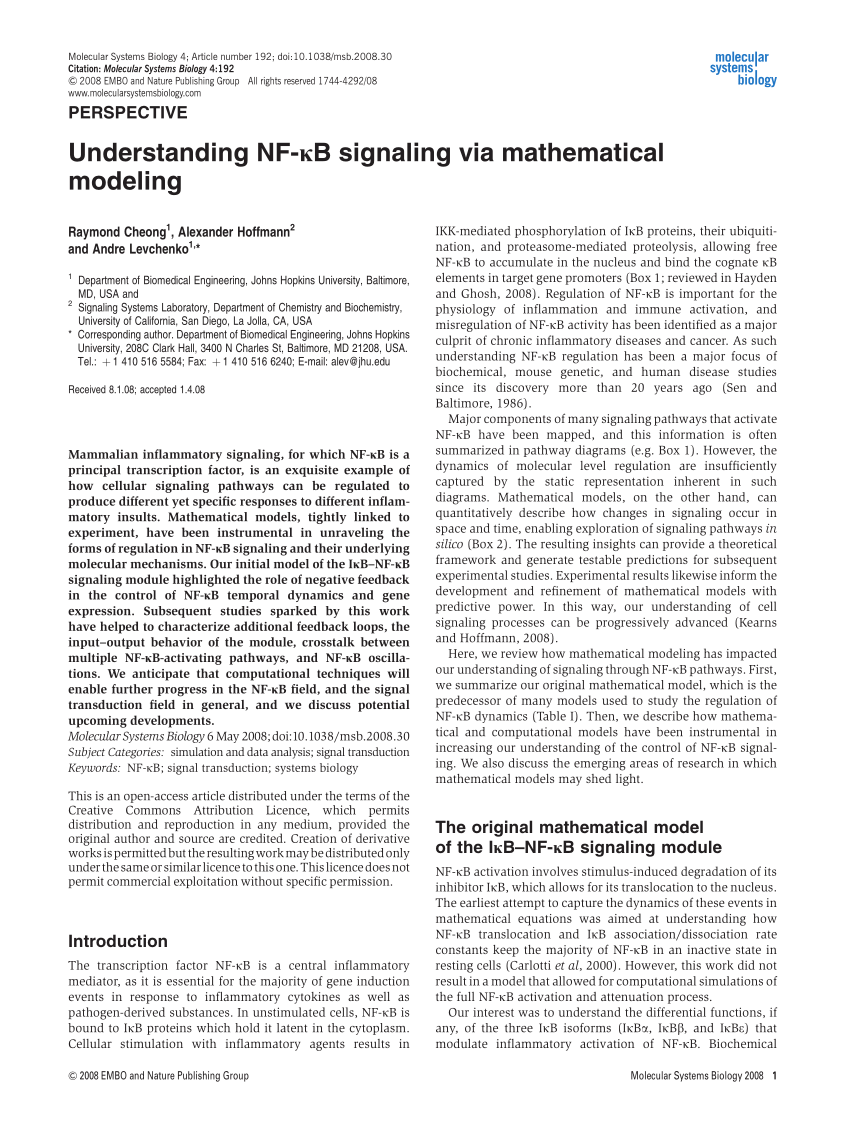 Pdf Understanding Nf Kb Signaling Via Mathematical Modeling