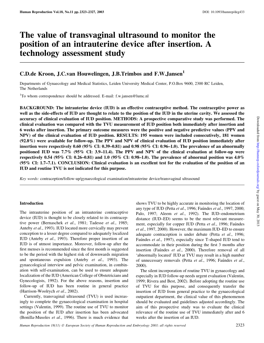 Pdf The Value Of Transvaginal Ultrasound To Monitor The Position Of An Intrauterine Device After Insertion A Technology Assessment Study