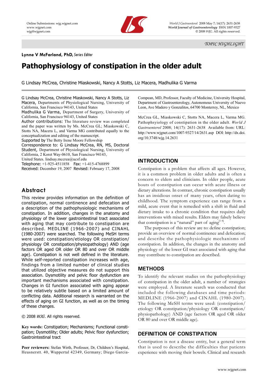 Pdf Pathophysiology Of Constipation In The Older Adult