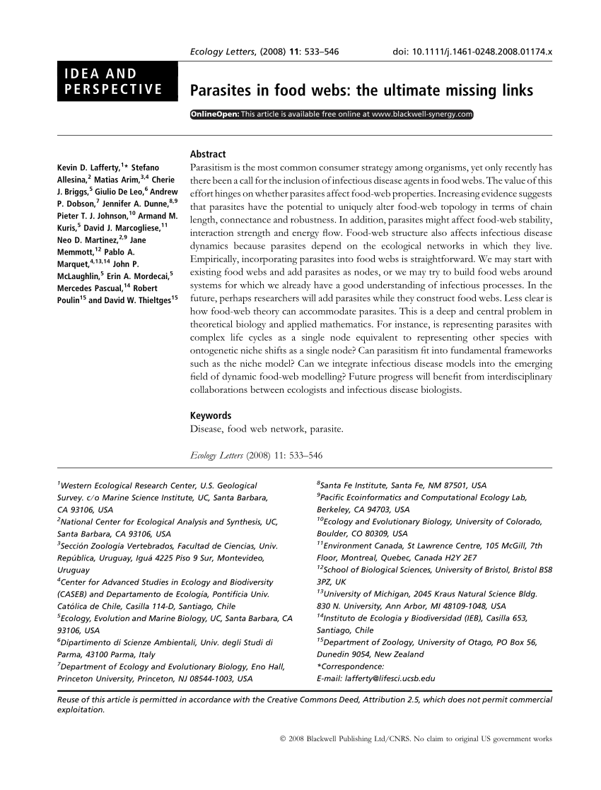 Pdf Parasites In Food Webs The Ultimate Missing Links