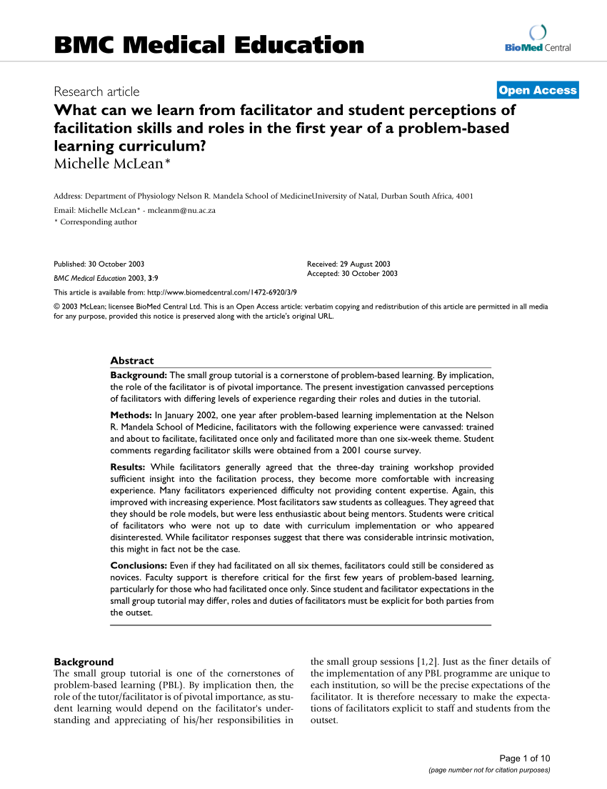 Pdf) What Can We Learn From Facilitator And Student Perceptions Of  Facilitation Skills And Roles In The First Year Of A Problem-Based Learning  Curriculum?