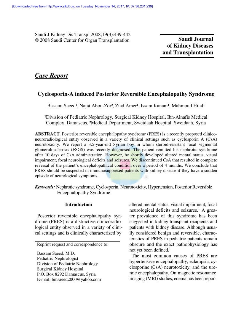 Pdf Cyclosporin A Induced Posterior Reversible Encephalopathy