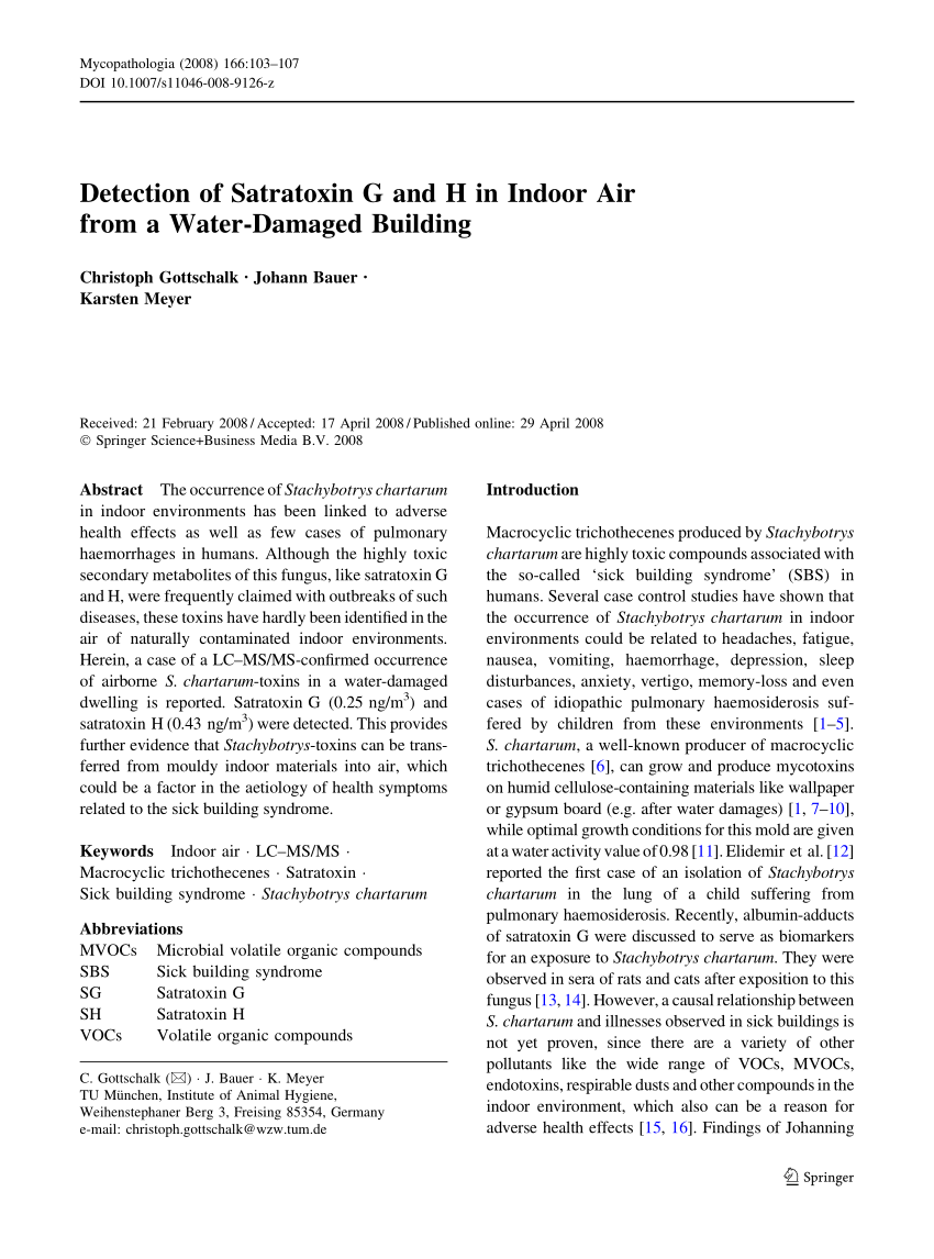 Pdf Detection Of Satratoxin G And H In Indoor Air From A Water Damaged Building