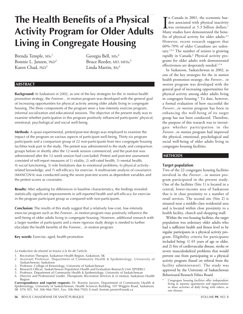 PDF) The Health Benefits of a Physical Activity Program for Older Adults  Living in Congregate Housing