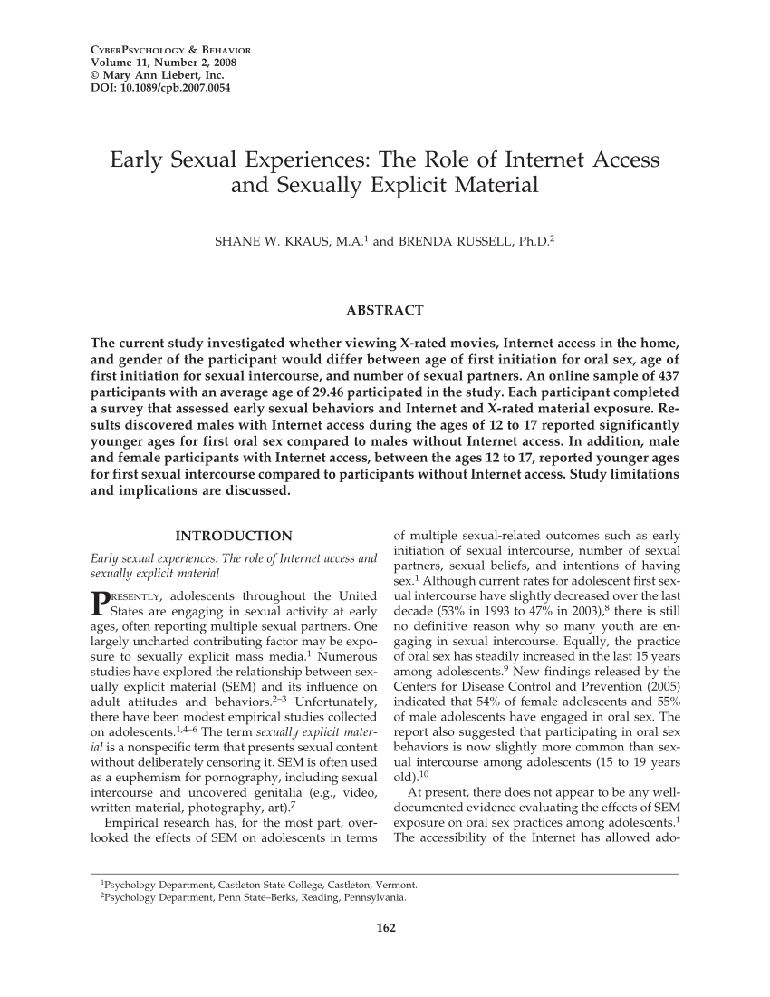 Pdf Early Sexual Experiences The Role Of Internet Access And Sexually Explicit Material