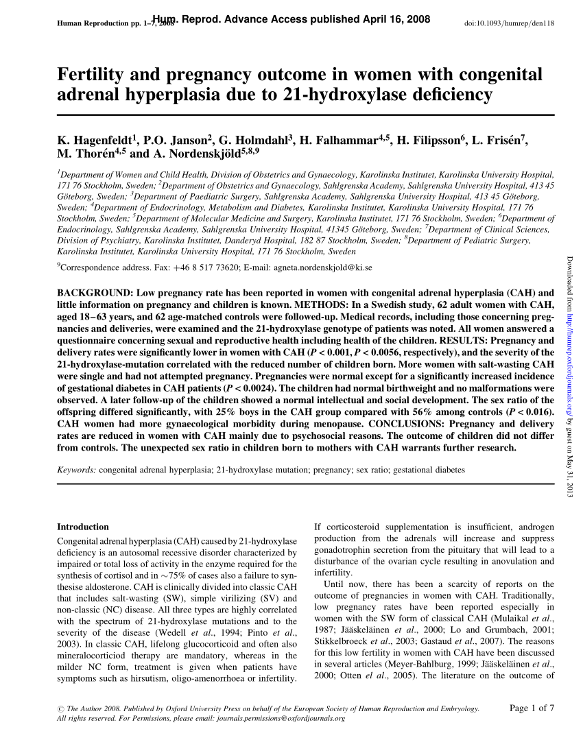 Pdf Fertility And Pregnancy Outcome In Women With Congenital Adrenal Hyperplasia Due To 21 1858