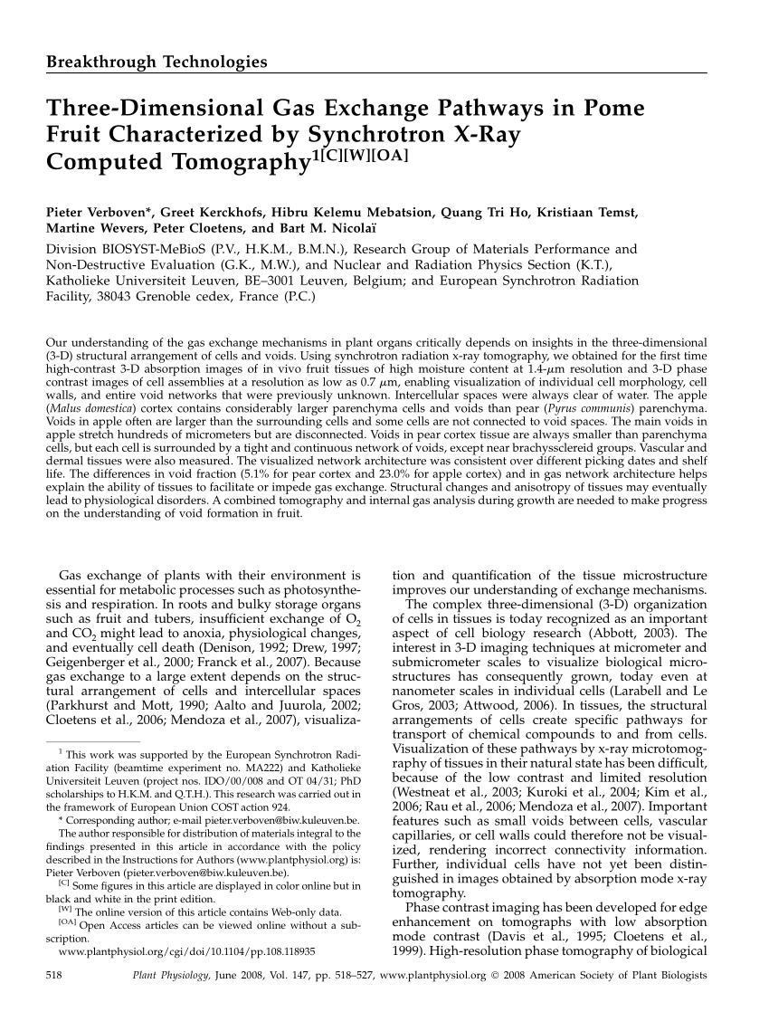 Pdf Three Dimensional Gas Exchange Pathways In Pome Fruit Characterized By Synchrotron X Ray Computed Tomography