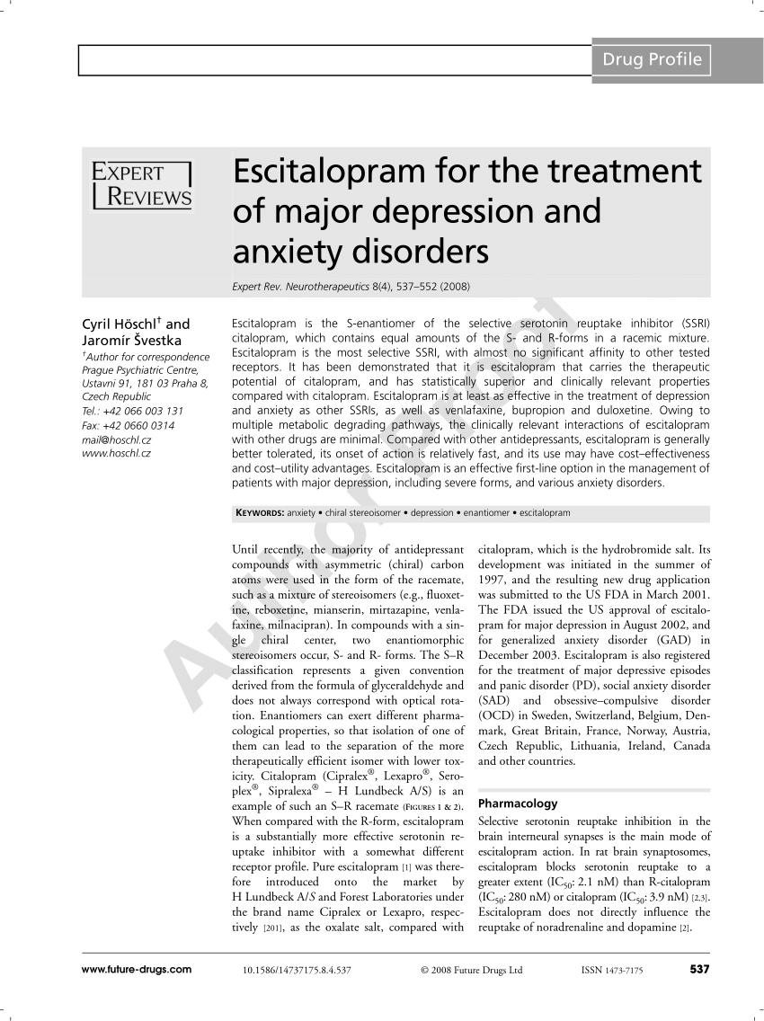 PDF) Escitalopram for the treatment of major depression and anxiety  disorders