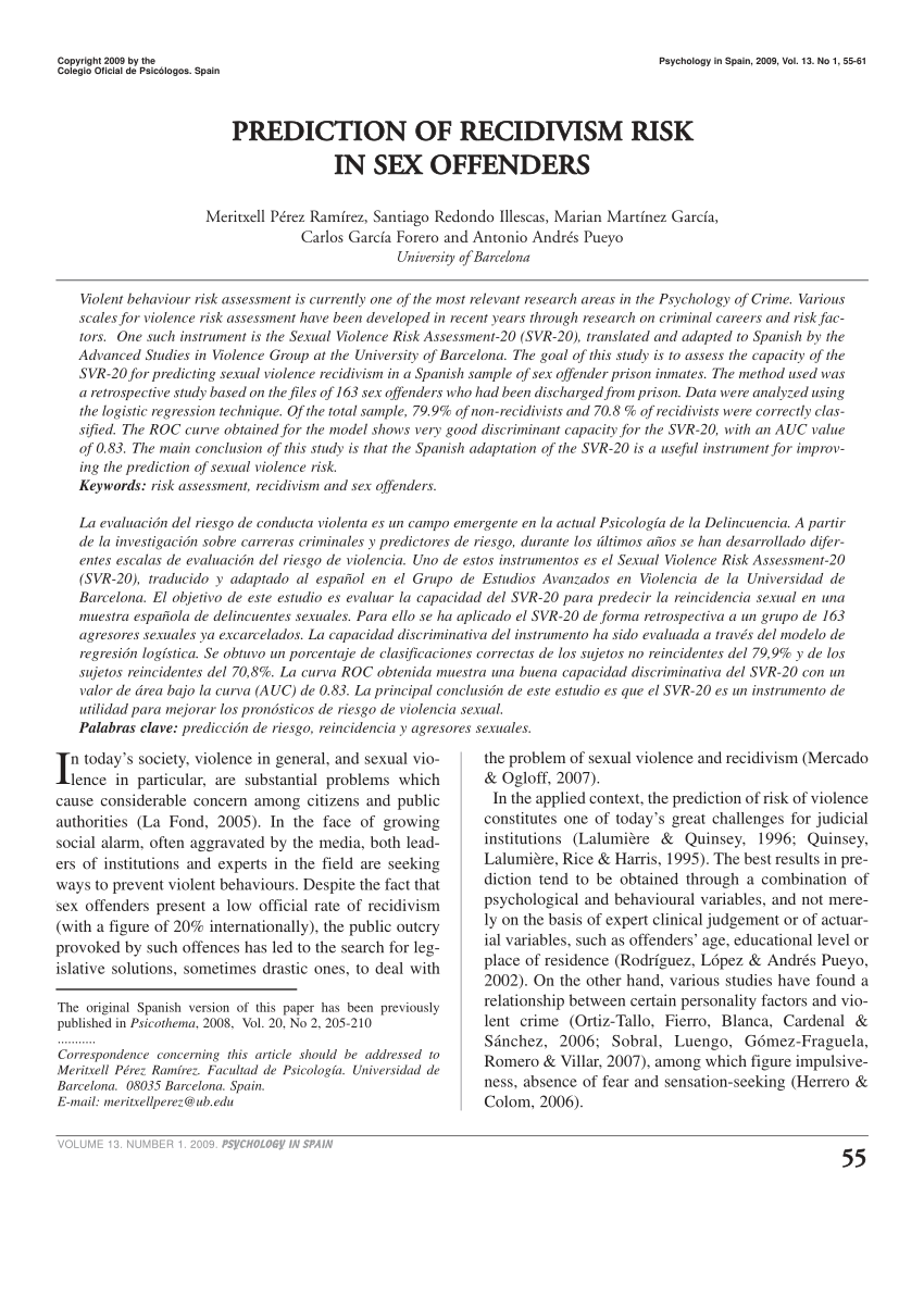 Pdf Recidivism Risk Assessment In Sex Offenders 2960