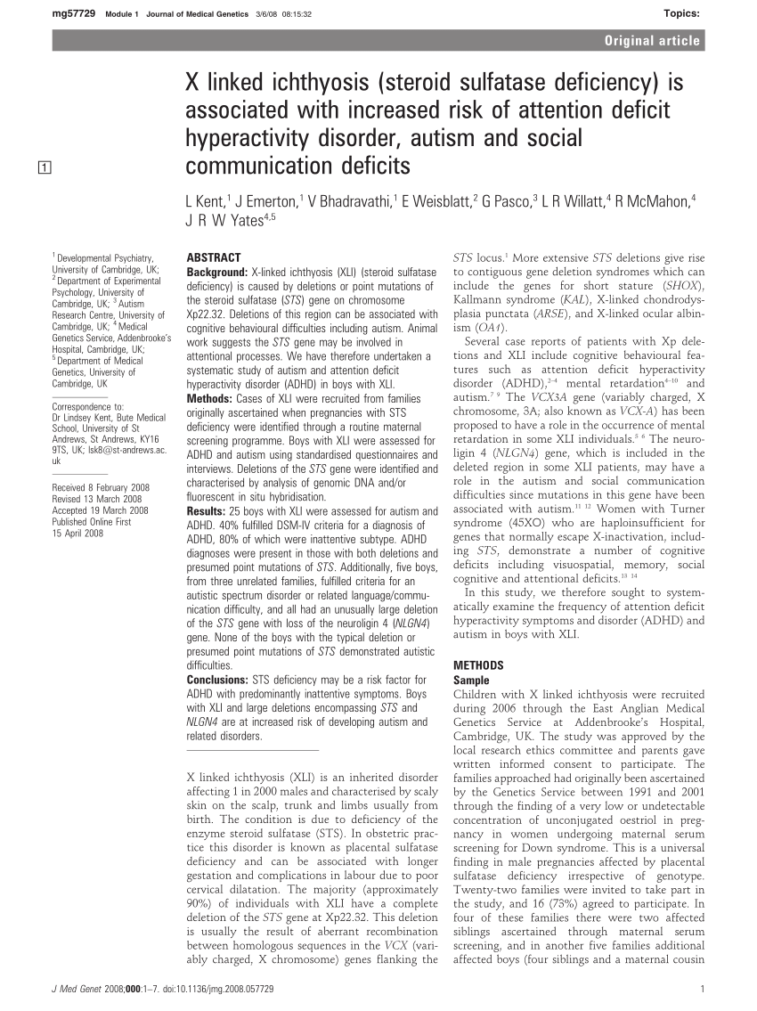 Pdf X Linked Ichthyosis Steroid Sulfatase Deficiency Is Associated With Increased Risk Of Attention Deficit Hyperactivity Disorder Autism And Social Communication Deficits