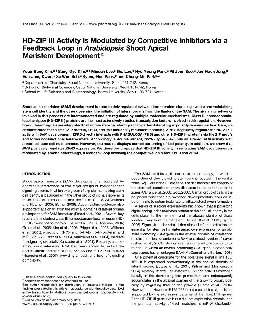 Pdf Hd Zip Iii Activity Is Modulated By Competitive Inhibitors Via A Feedback Loop In Arabidopsis Shoot Apical Meristem Development