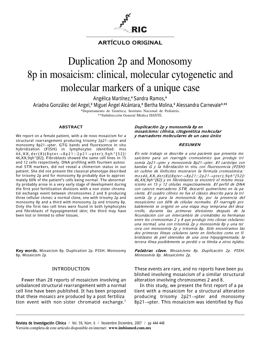 Pdf Duplication 2p And Monosomy 8p In Mosaicism Clinical Molecular Cytogenetic And Molecular 2067