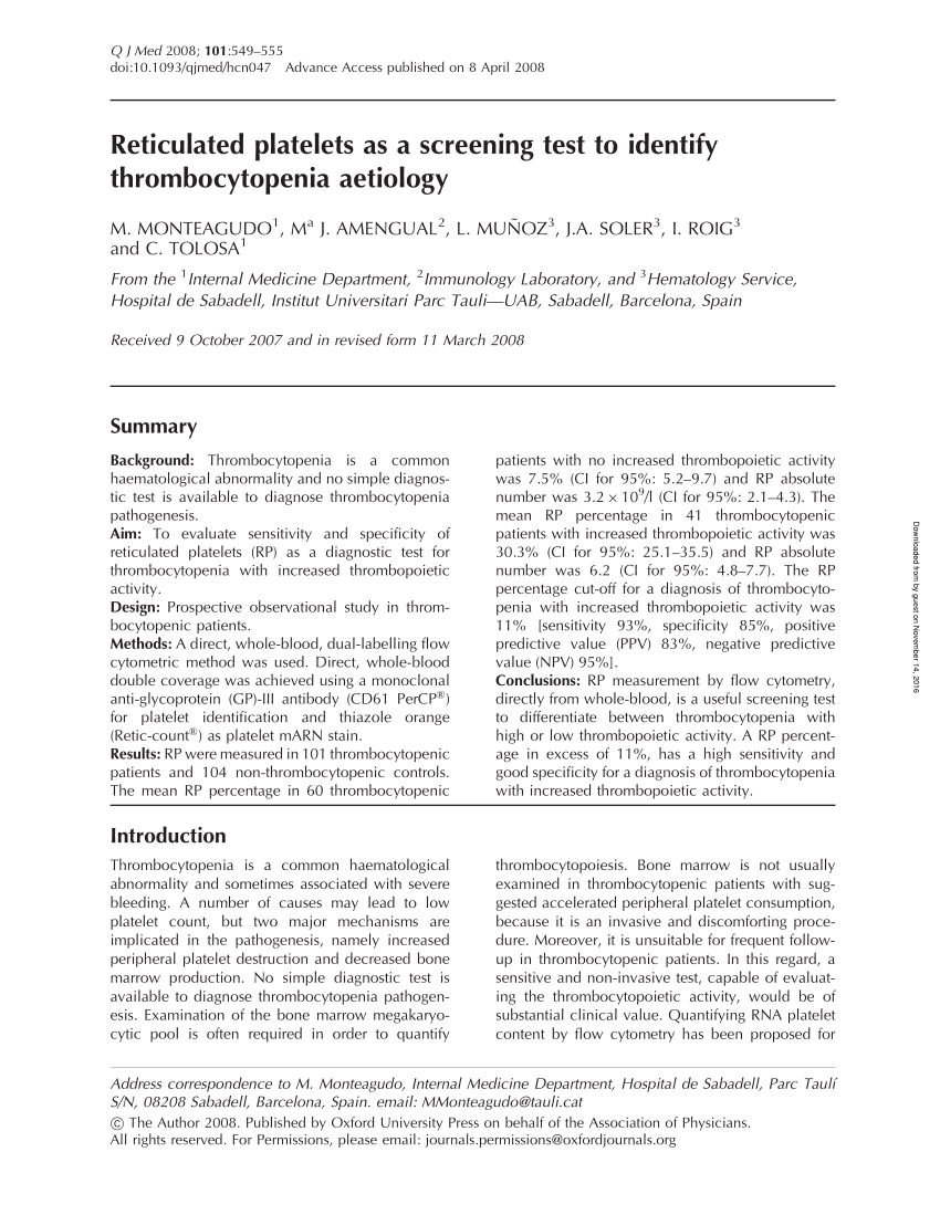 Pdf Reticulated Platelets As Screening Test To Identify Thrombocytopenia Etiology