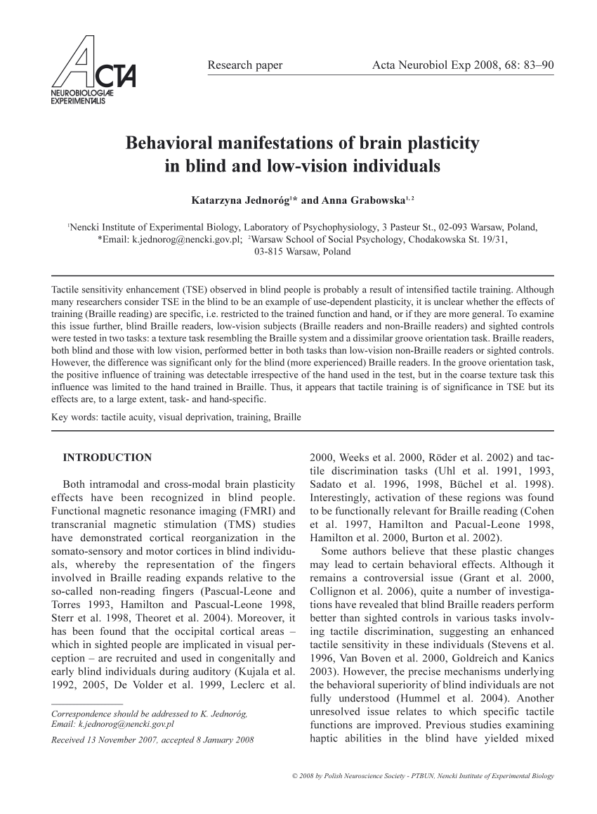PDF) Behavioral manifestations of brain plasticity in blind and ...