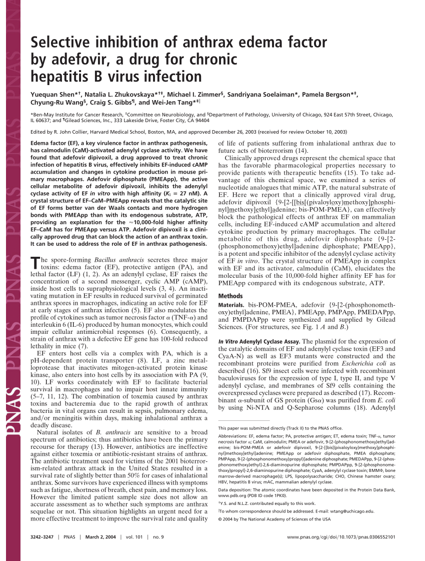 (PDF) Selective inhibition of anthrax edema factor by adefovir, a drug