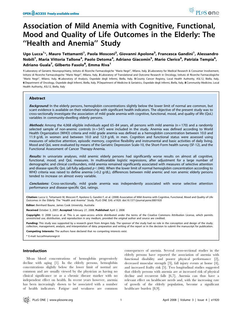 Pdf Association Of Mild Anemia With Cognitive Functional Mood And Quality Of Life Outcomes 