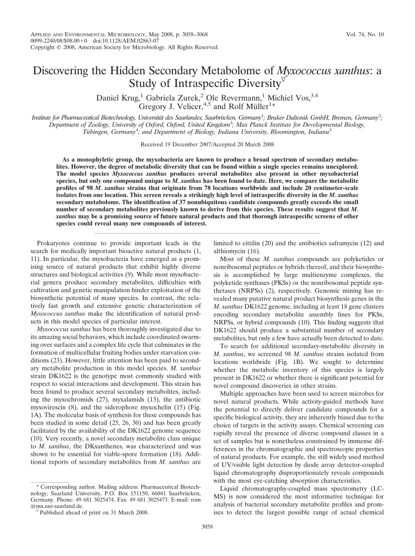 Pdf Discovering The Hidden Secondary Metabolome Of Myxococcus Xanthus A Study Of Intraspecific Diversity