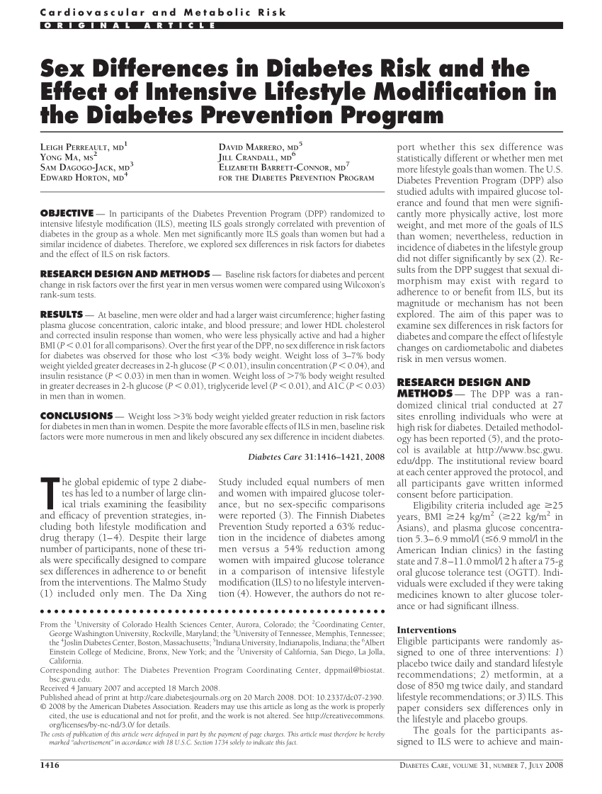 Pdf Sex Differences In Diabetes Risk And The Effect Of Intensive Lifestyle Modification In The 