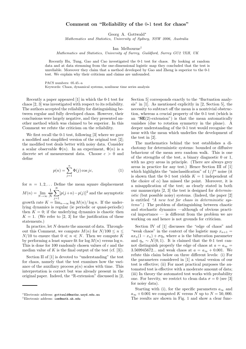 Pdf Comment On Reliability Of The 0 1 Test For Chaos