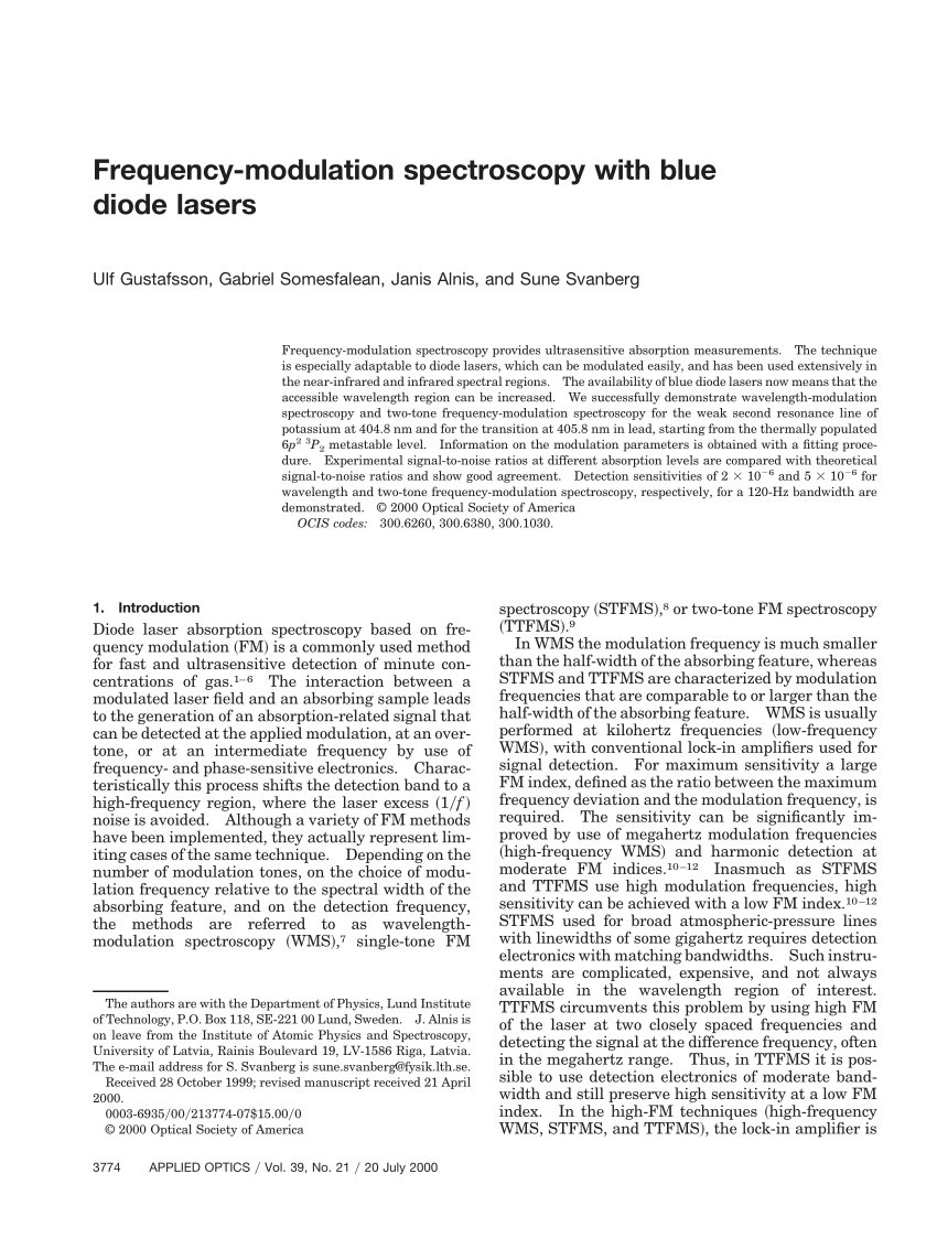 PDF) Frequency-Modulation Spectroscopy with Blue Diode Lasers