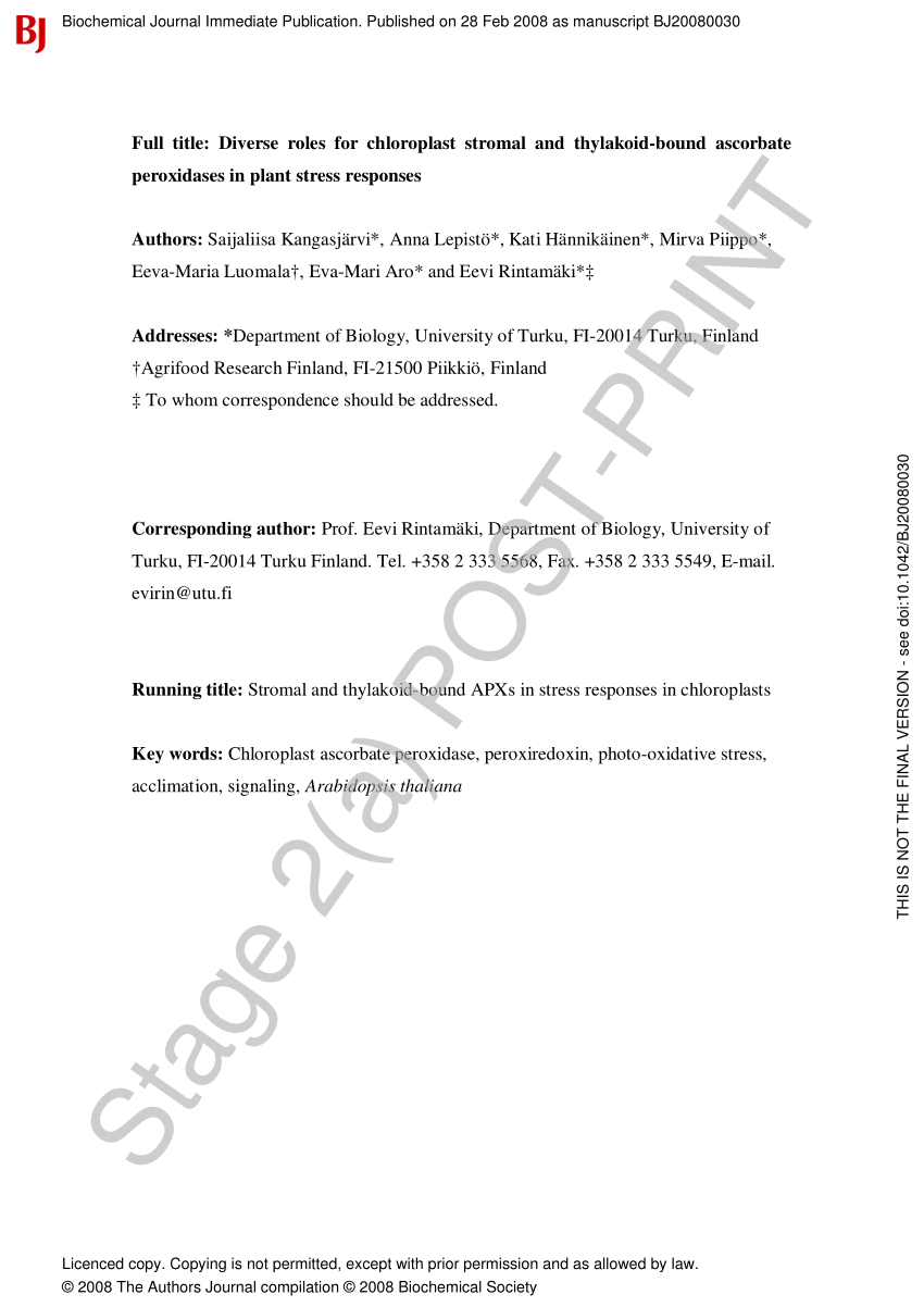 Pdf Diverse Roles For Chloroplast Stromal And Thylakoid Bound Ascorbate Peroxidases In Plant Stress Responses