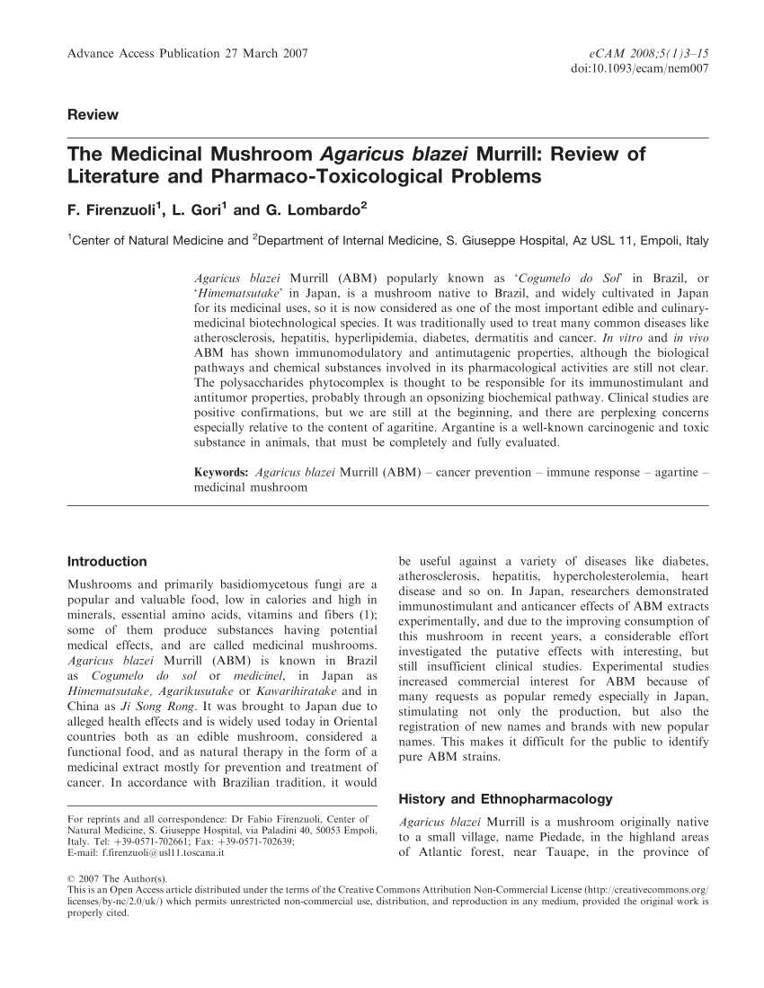PDF) The Medicinal Mushroom Agaricus blazei Murrill: Review of ...